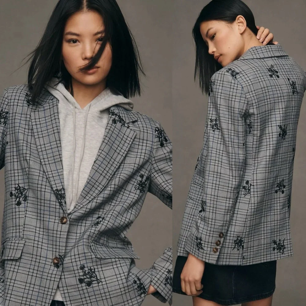 Anthropologie Dolan Plaid Embroidered Blazer - Picture 1 of 6